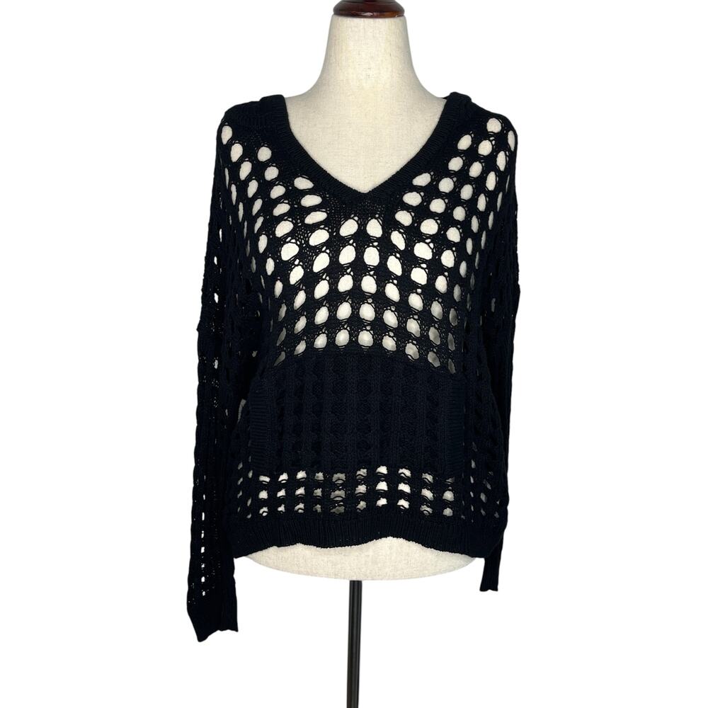 Planet by Lauren G Womens Sweater O/S Black Crochet Openwork Knit Hooded Cotton